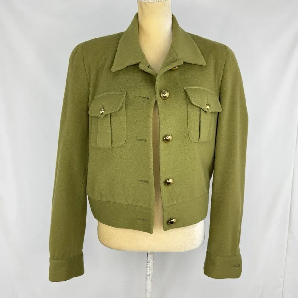 Vintage Olive Green Wool Blend Cropped Jacket Women’s Sz 8 Gold Button Military - Picture 3 of 16